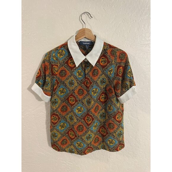 ModCloth Short Sleeved Antique Style Colorful Collared Top - Picture 8 of 10